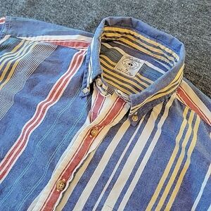 Brooks Brothers Sport Shirt Men's Medium Blue Button Down Cotton Striped 90s Y2K